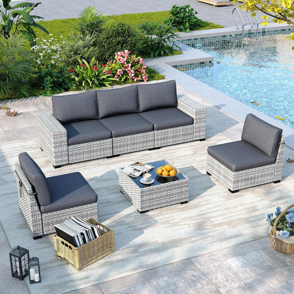 6 Piece Outdoor Wicker Patio Furniture Set Rattan Outdoor Sectional Sofa | Patio Sectional with 4" Thickened Cushions