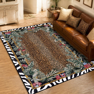 Leopard Area Rugs, Washable Cheetah Rug with Zebra-Striped Border, Non-Slip Low Pile Animal Print Carpet