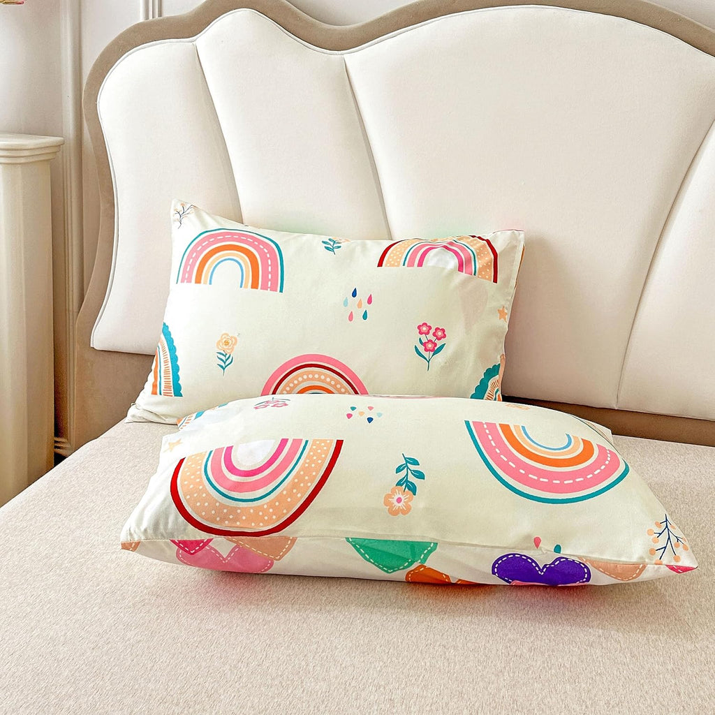 Lightweight Soft 3 Piece Rainbow Comforter Set with 2 Pillow Covers, Cartoon Love Hearts Flowers and Grass Bedding