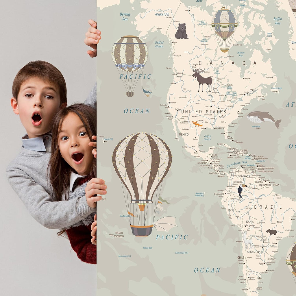 Kids World Map Wallpaper with Animals-Peel and Stick Educational Decals-Nursery Murals for Baby, Toddlers,Boys, Kids