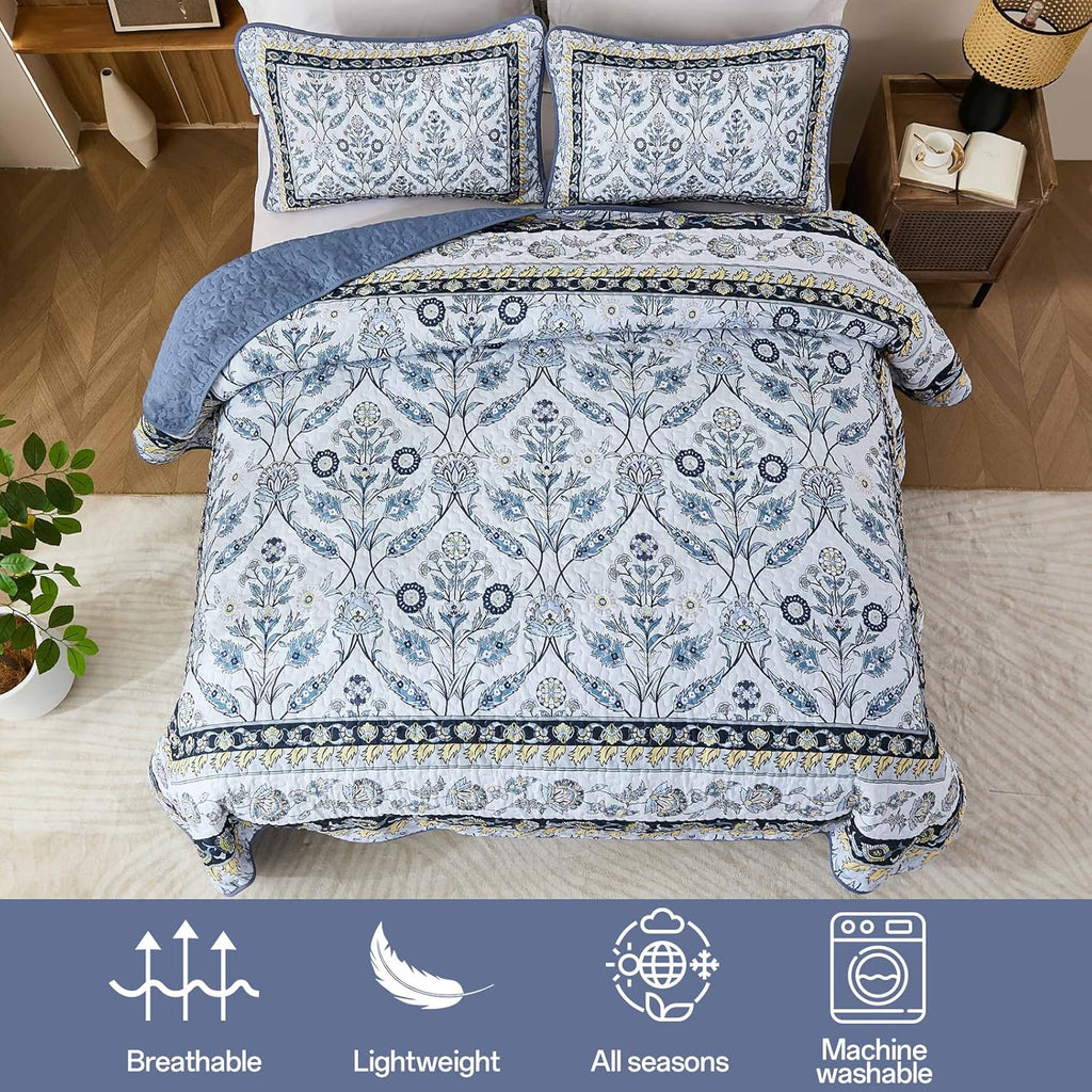 Quilt Sets, Navy Blue Floral Quilt Set 3 Pieces Boho Bedspread Coverlet Set with 2 Pillowcases Soft