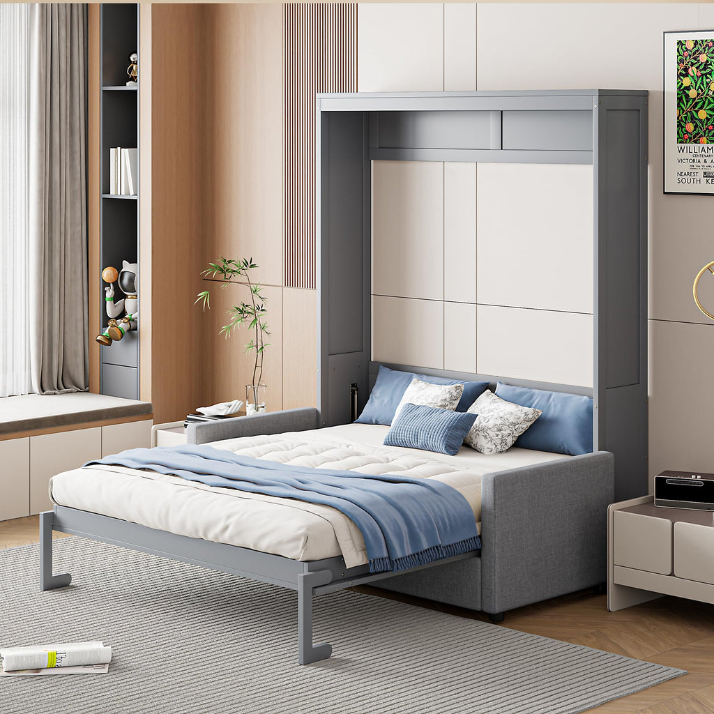 Full Size Murphy Bed, Wooden Full Murphy Bed with Cushion, Wall Bed with Sofa or Small Room, Gray