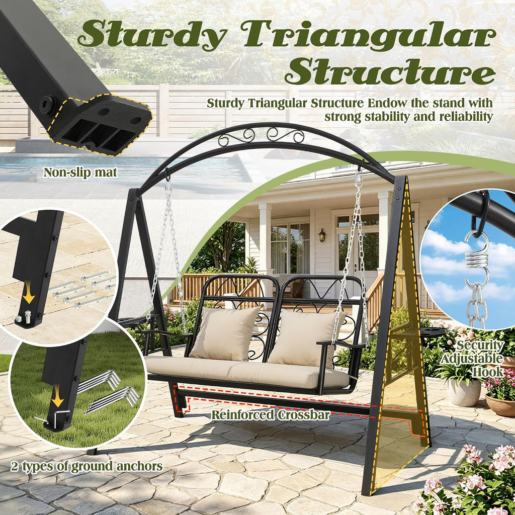 Porch Swing with Stand, 2-Person Metal Patio Swing with Cup Holder | Heavy-Duty Outdoor Swings Chair for adults with