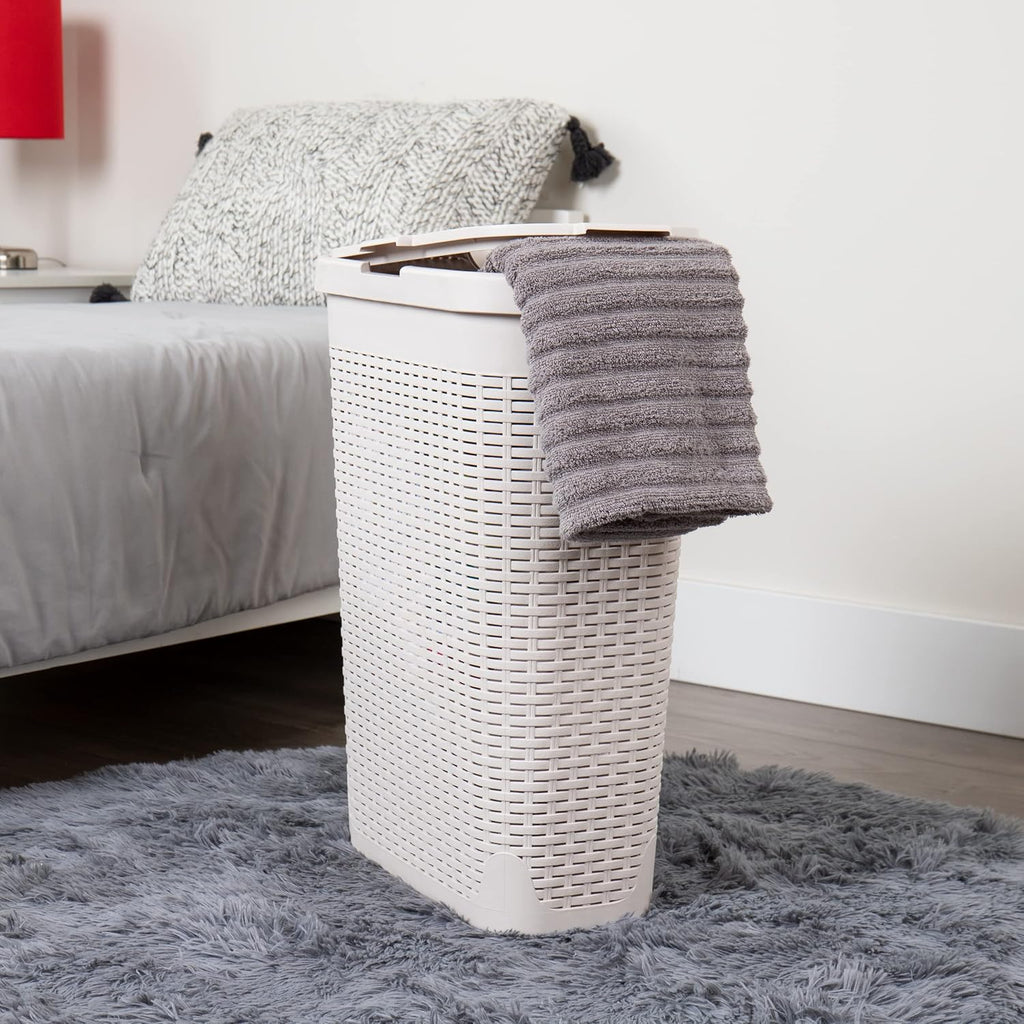Slim Laundry Hamper with Lid, 40L Clothes Basket, Narrow Tapered Design with Ventilated Cutout Pattern, Plastic, Ivory