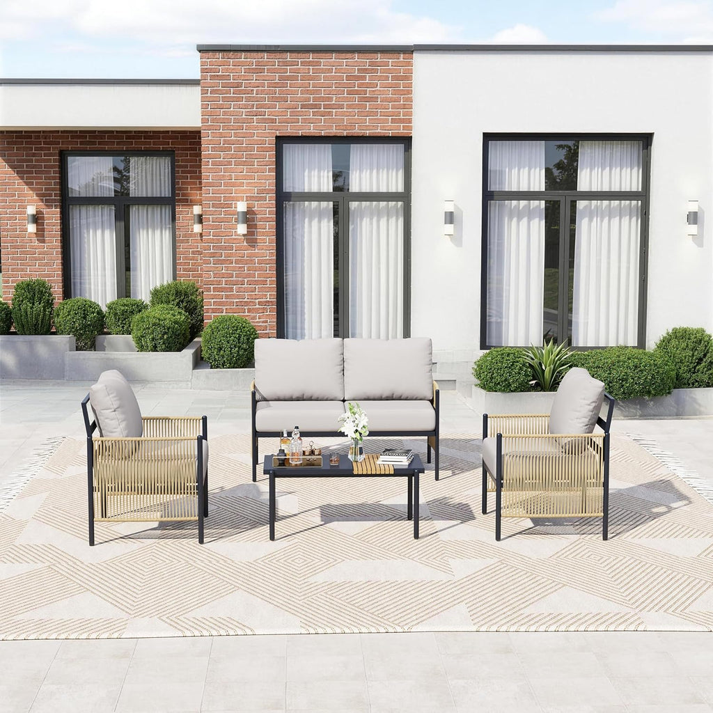 Aluminum Outdoor Patio Furniture Set, 4 Seats Outdoor Sectional with Coffee Table