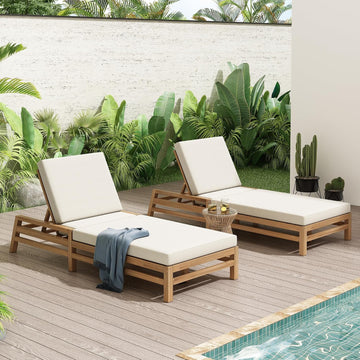 Outdoor Chaise Lounge Chairs Set of 2, Solid Wood Patio 5-Position Adjustable Recliner Chair with Thick Cushions