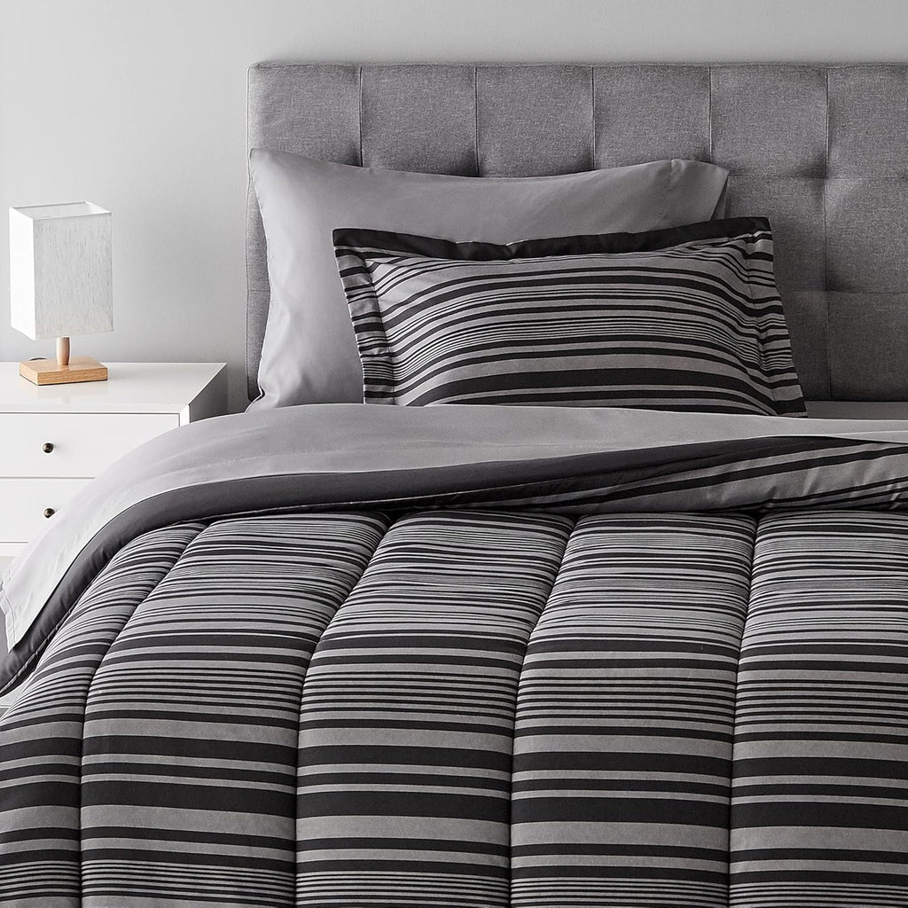 5-Piece Lightweight Microfiber Comforter Set with Sheets, Bed-in-a-Bag, Gray Calvin Striped Bedding