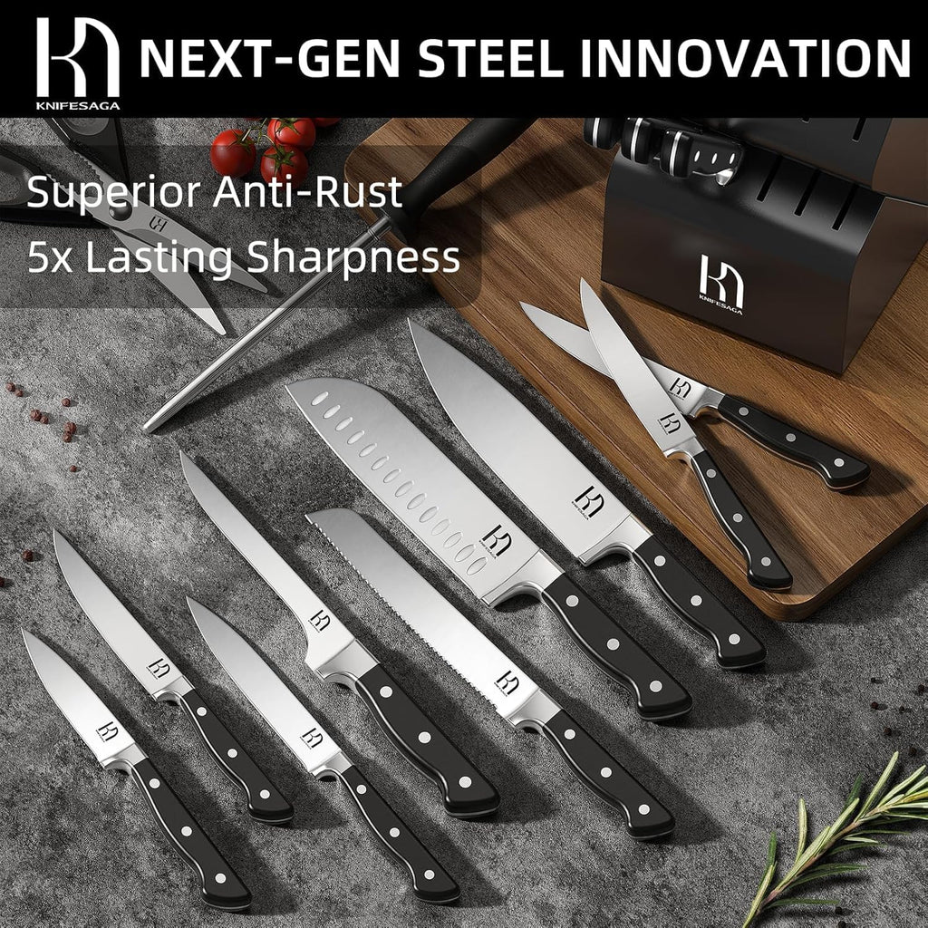 Japanese Knife Set with Sharpener, Premuim, Razor Sharp, 15 Pcs | Innovative Steel, High Carbon Stainless, Enduring