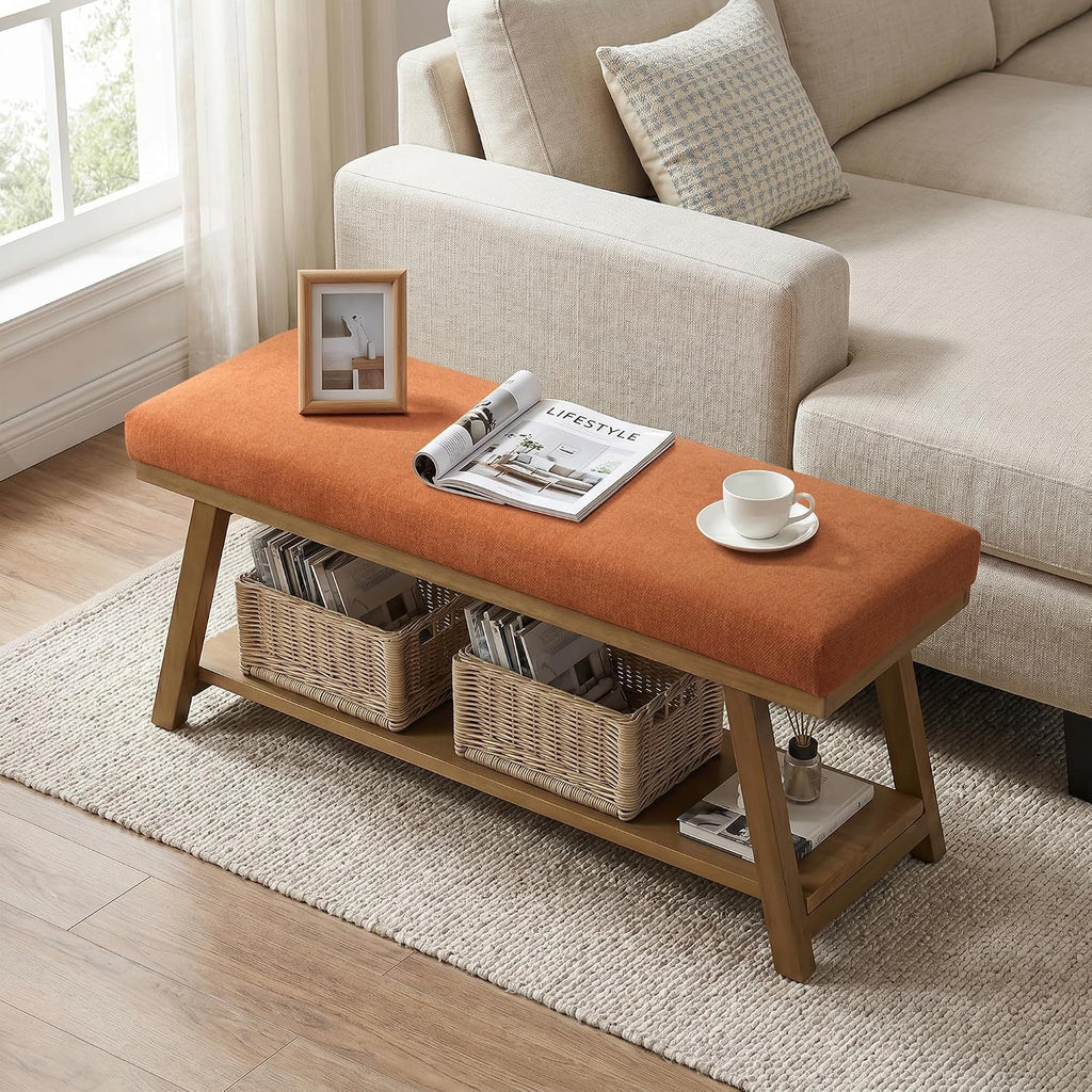 46" Entryway Bench Upholstered Storage Bench (Orange)
