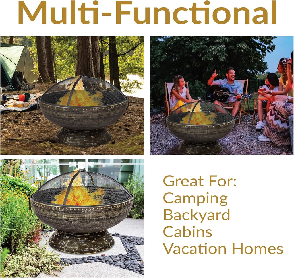 30-Inch Large Outdoor Fire Pit - Wood Burning Fire Pit for Outside with Poker and Screen - Black Finish - Regal Cauldron