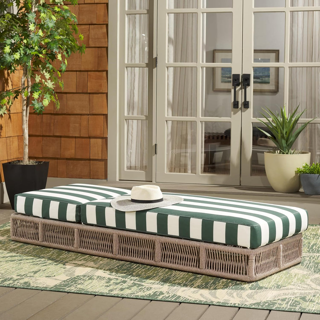 Outdoor Chaise Lounge Chair - Heather Tan & Hunter Green Stripe - Steel and Woven Rope - Adjustable
