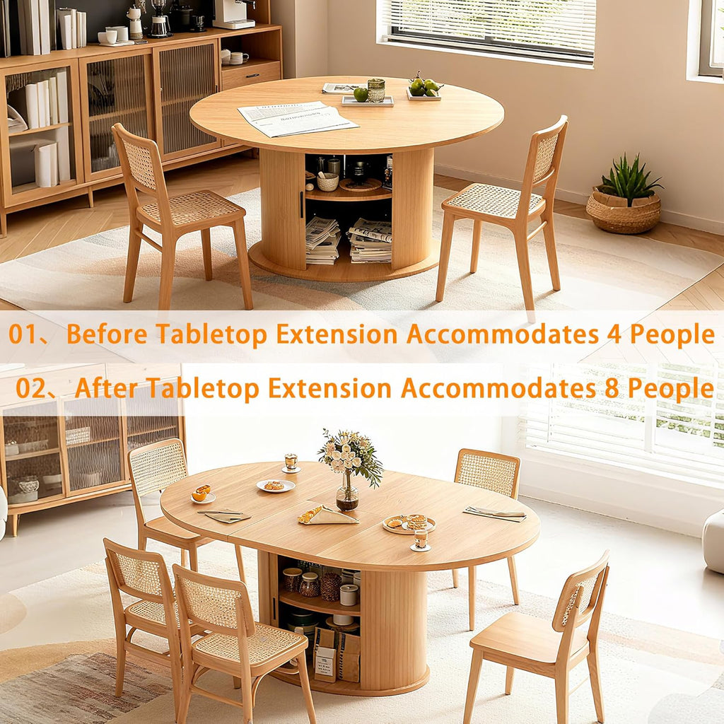 Extendable Round Dining Table for 2-4-6, 63 Inch Dining Room Kitchen Table with 2-Tier Storage Shelf, Modern