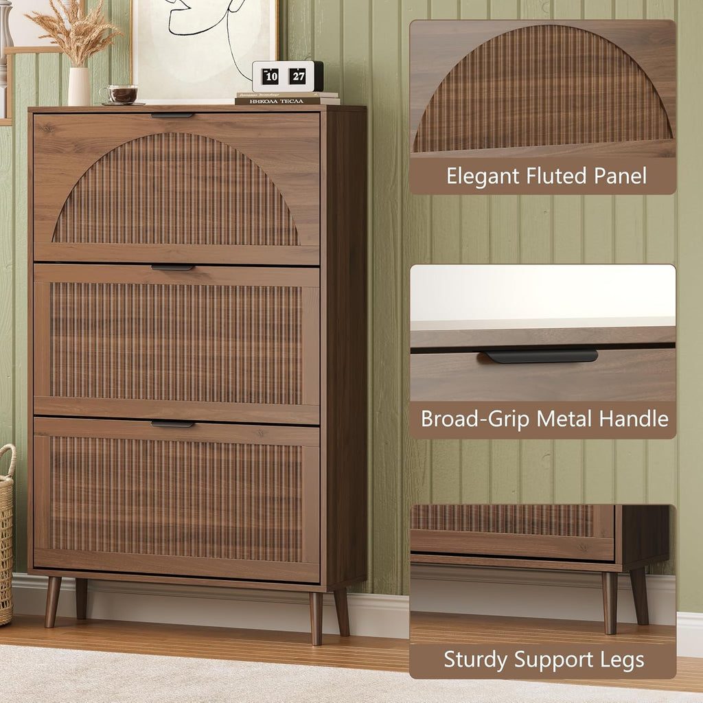 Shoe Cabinet with 3 Flip Drawers, Slim Wooden Shoe Storage Organizer with Modern Fluted Pannel,Freestanding Narrow
