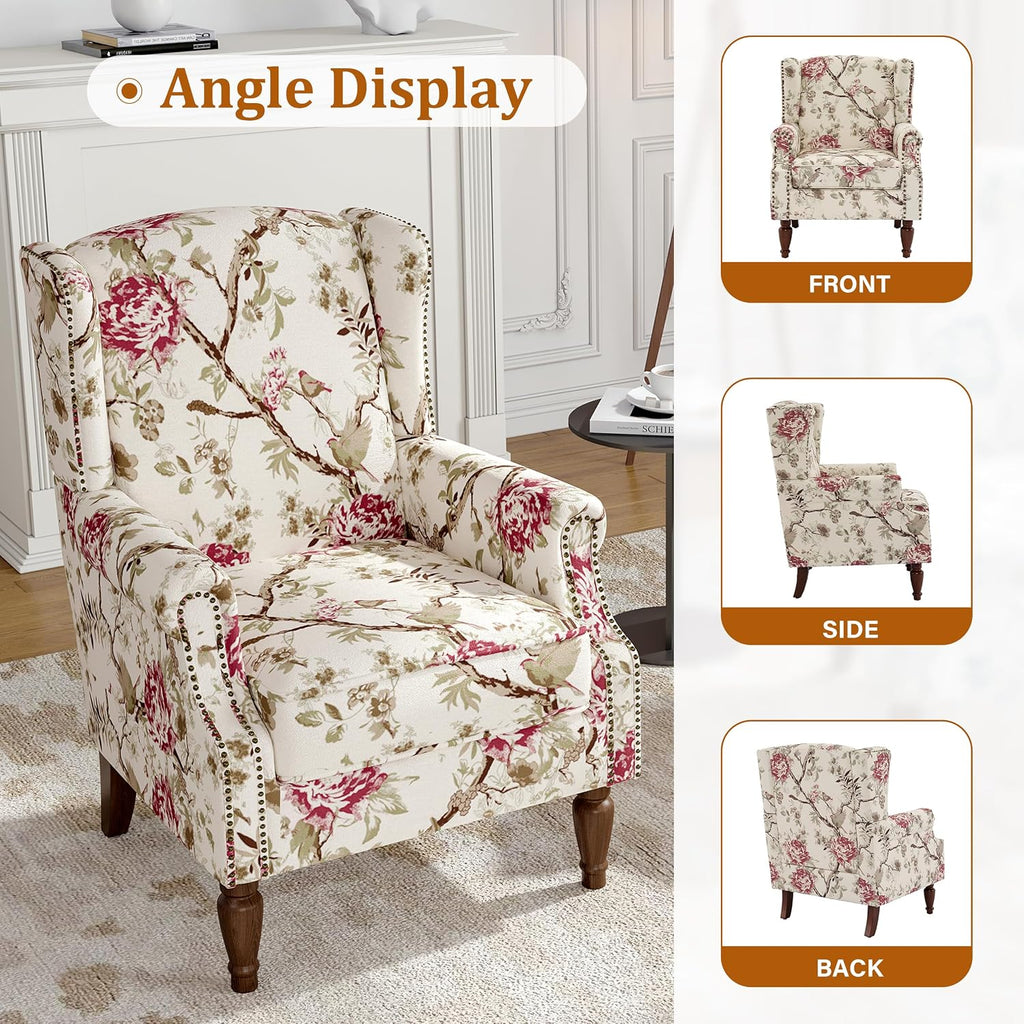 Wingback Accent Chair, High Back Armchair , Beige | Ergonomic Design | Linen Fabric | High-Resilient Foam Seat |