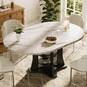 Extendable Dining Table 43"-59" for 4-6, Marble Round Kitchen Dining Room Table with 2 Tier Storage Shelves