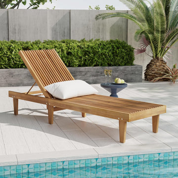 Outdoor Chaise Lounge Chair, Acacia Wood Frame Sunbathing Pool Lounger with 5-Position Adjustable Backrest, Patio