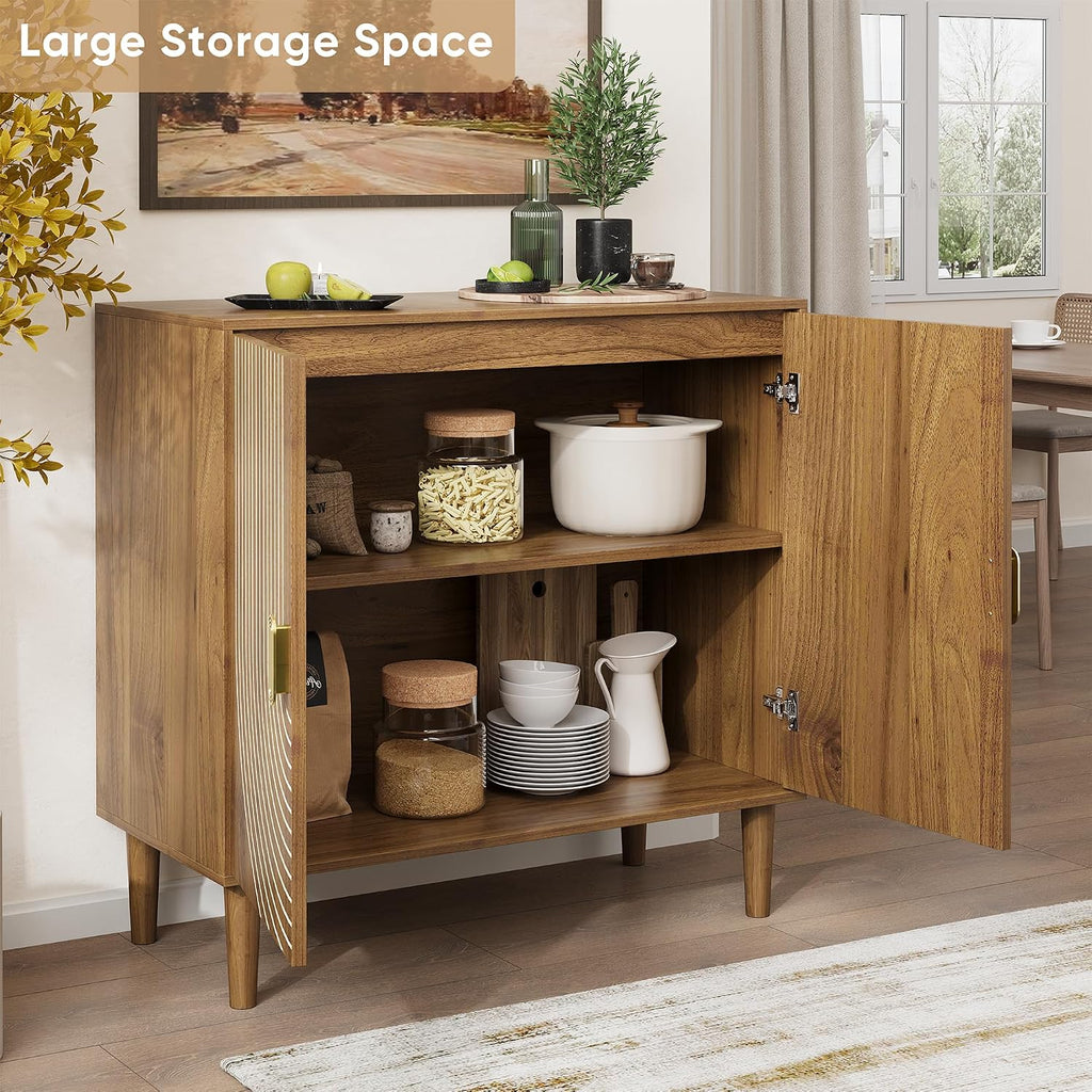 Walnut Sideboard Cabinet, Freestanding Buffet Cabinet with Line Groove Design, Wood Storage Cabinet with Adjustable