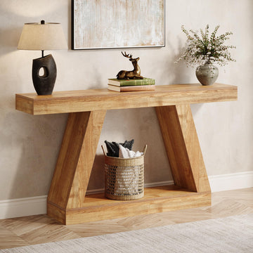 Farmhouse Console Table, 55-Inch Rustic Sofa Table with Storage, Industrial Wooden Entryway Table, Natural Brown