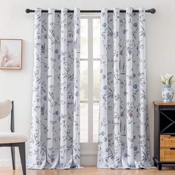 100% Navy Blue Blackout Floral Curtains 96 Inches Long 2 Panels