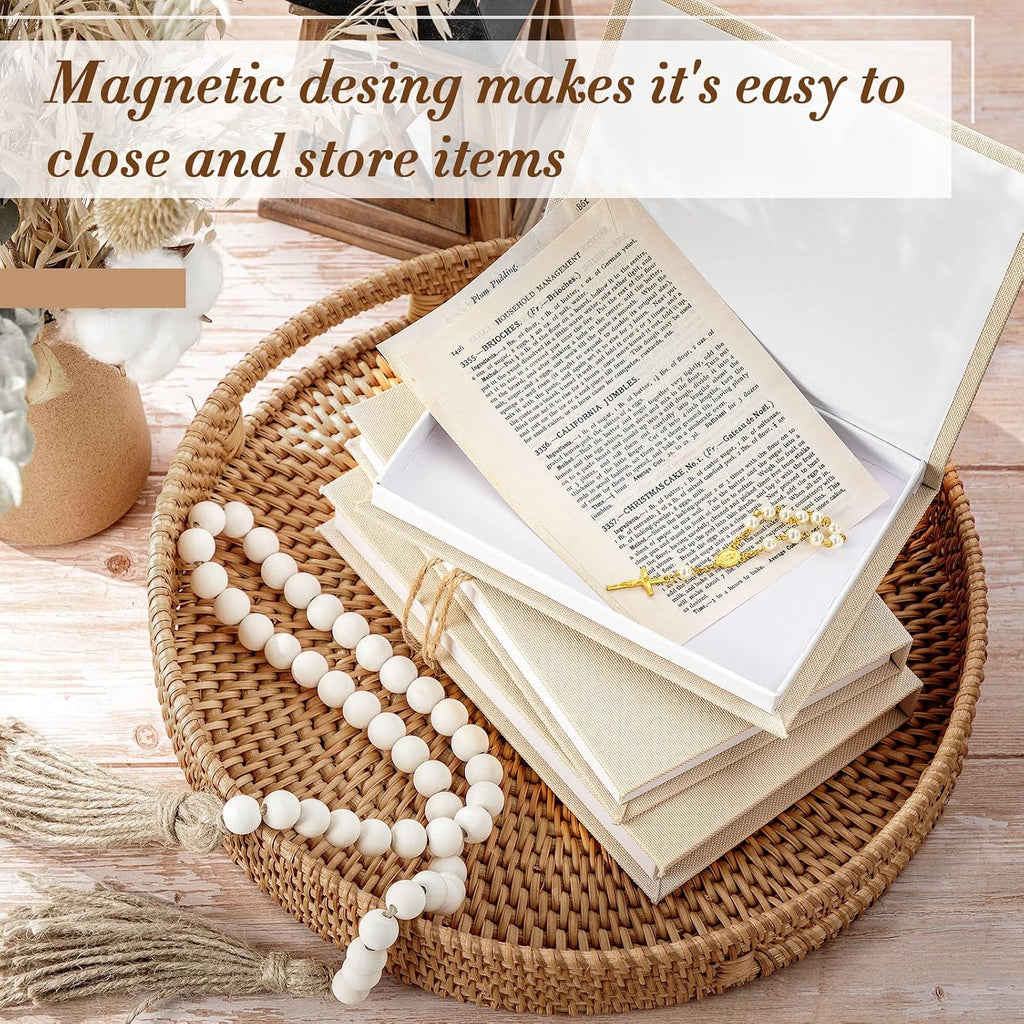 Linen Covered Decorative Books, Set of 3, Coffee Table Books Fabric Book Decor with Wooden Beaded Tassel Neutral Home