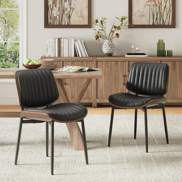 Leather Dining Chairs Set of 2, Modern Upholstered Dining Room Kitchen Chairs with Metal Legs and Wooden Back Support