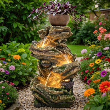 33" Rustic Tree Trunk Outdoor Water Fountain with Planters, Handcrafted 5-Tier Cascading Water Feature with Moss &