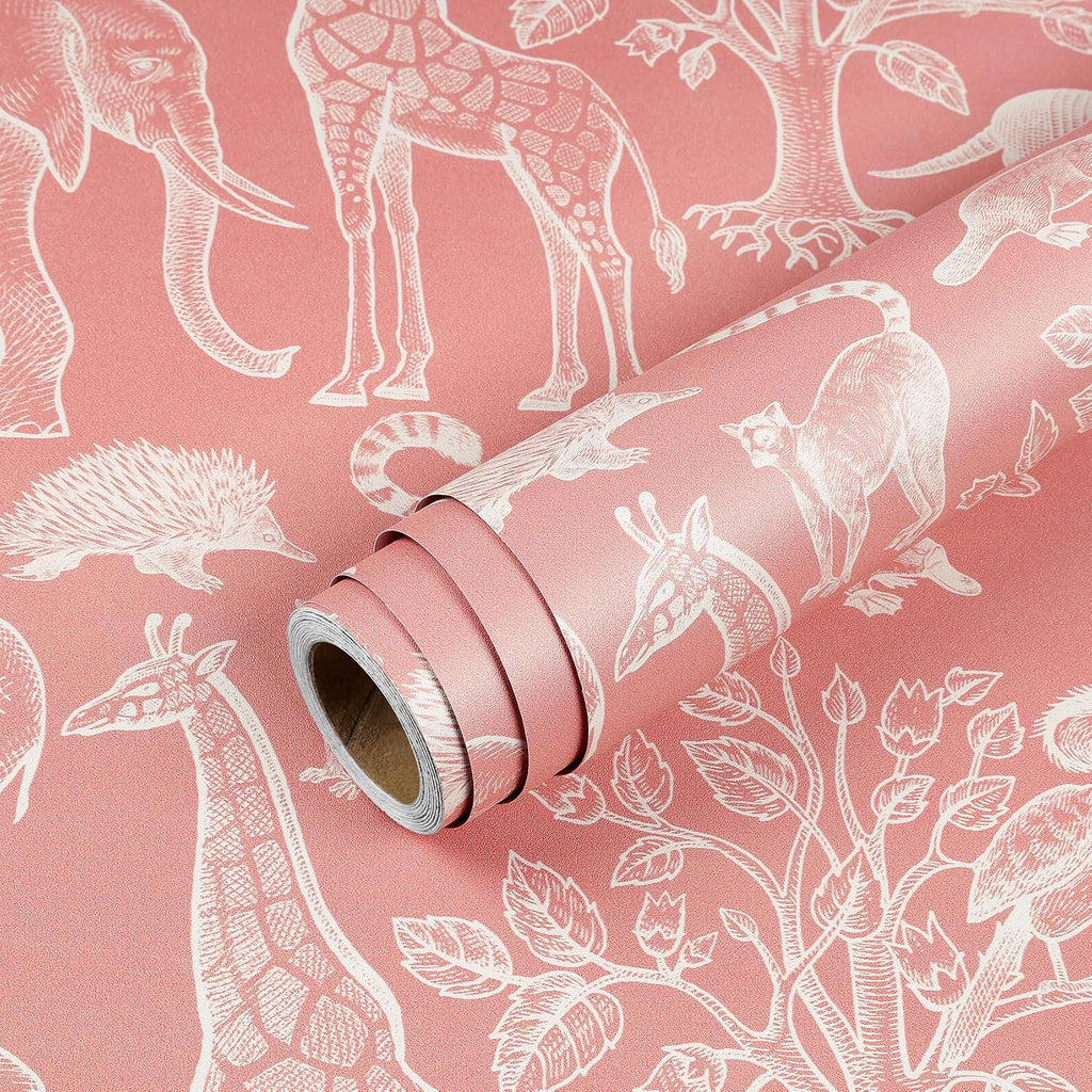 17.5x276 Cute Pink Peel and Stick Wallpaper Giraffe Bird Tree Elephant Animal Wall Paper Mural Girly Pink Contact