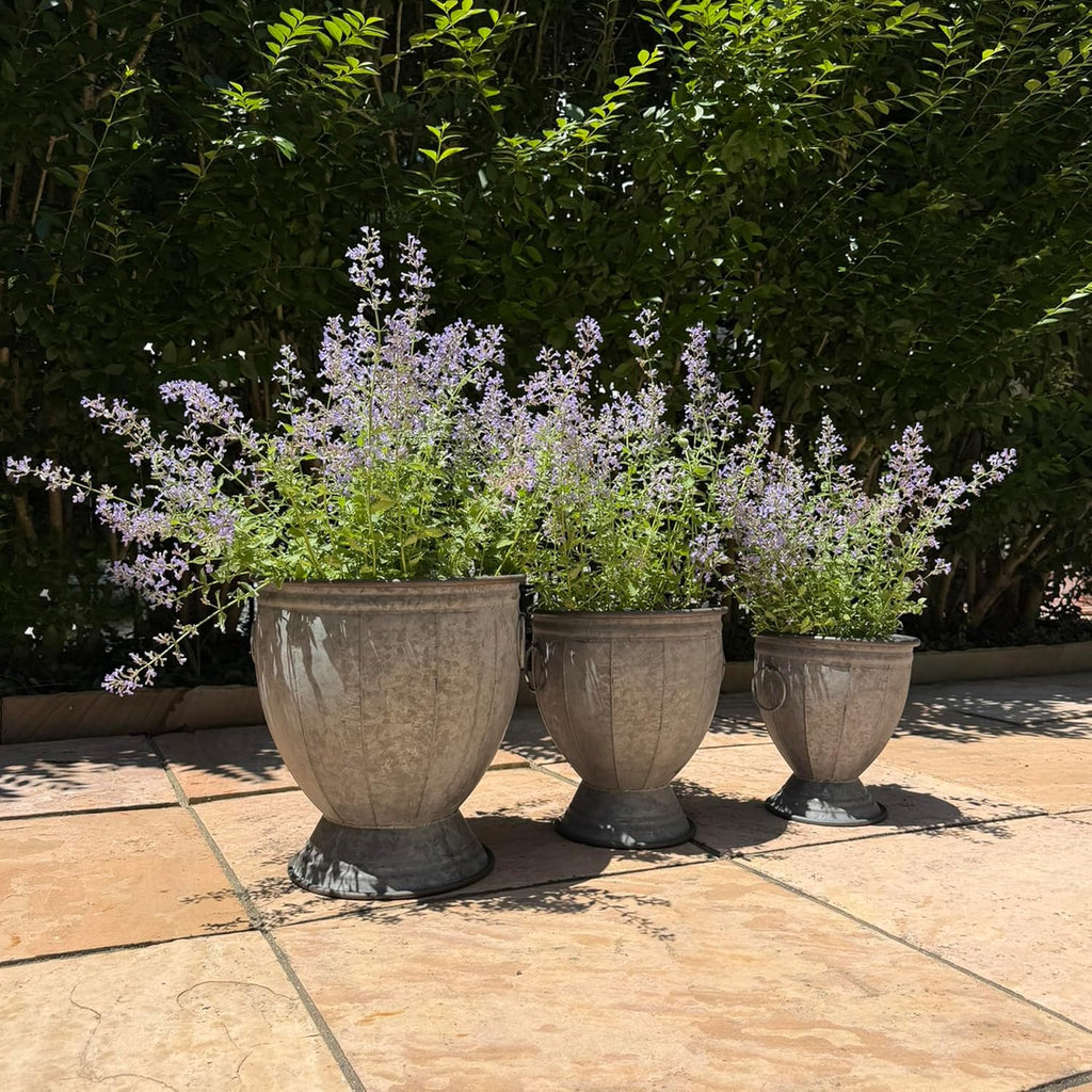 Durham Footed Urn Chubby Belly Planters, Set of 3, Ring Handles, Galvanized Metal, Vintage Grey, Indoor/Outdoor