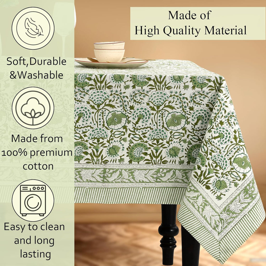 Block Print Tablecloth Agate Green 90"x60" Rectangular 100% Cotton Reusable Table Cover, Everyda