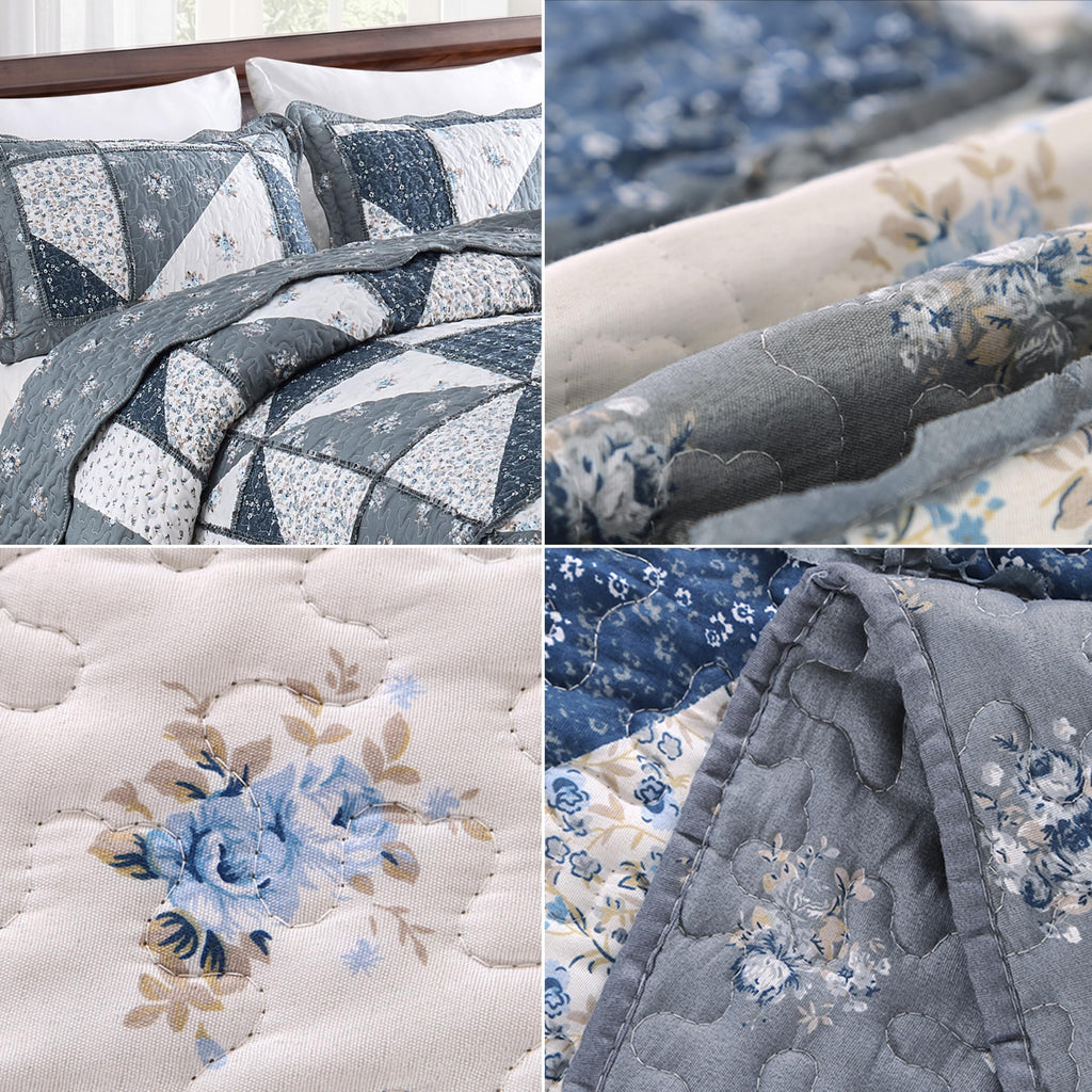 Quilt Bedding Set Grey Floral Patchwork Quilted Bedspread Set