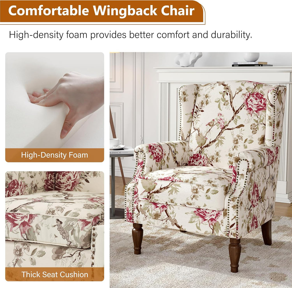 Wingback Accent Chair, High Back Armchair , Beige | Ergonomic Design | Linen Fabric | High-Resilient Foam Seat |