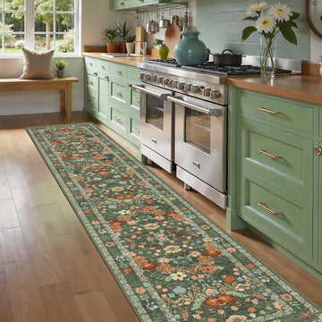 2x10 Extra Long Hallway Runner - Green Boho Washable Rug with Non-Slip Backing, Vintage Floral Low Pile Carpet