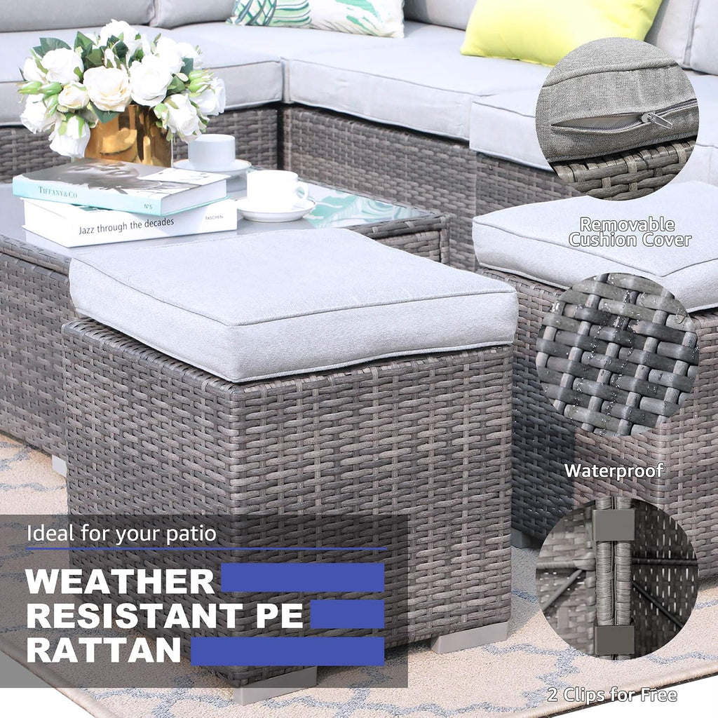 2 Pieces Assembled Outdoor Patio Ottoman, Grey Wicker, Light Grey | Indoor Outdoor All-Weather Rattan Footstool