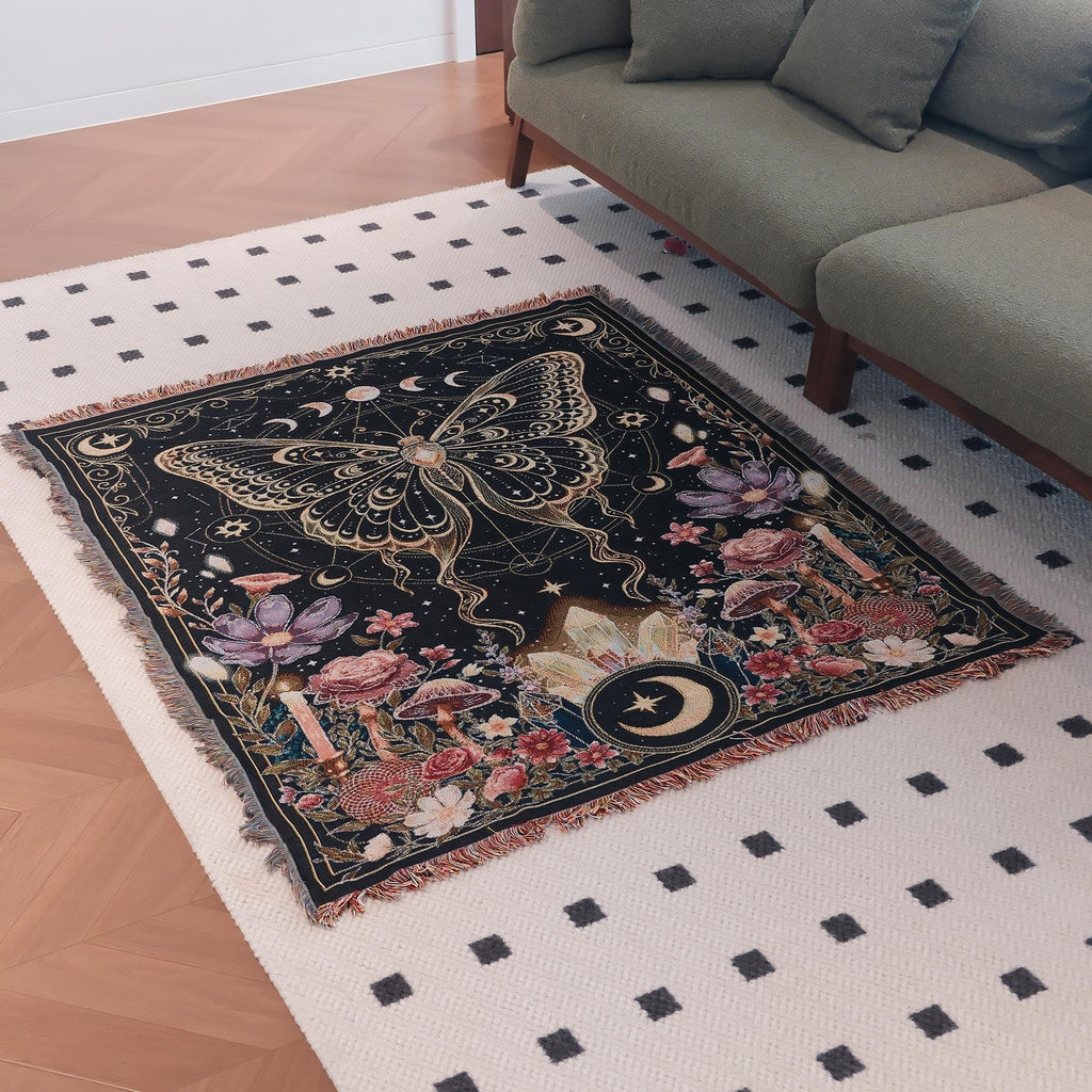 Cotton Woven Butterfly Throw Blanket Whimsical Boho Throw Blanket with Tassels for Couch Bed Chair Lounge Hippie Room