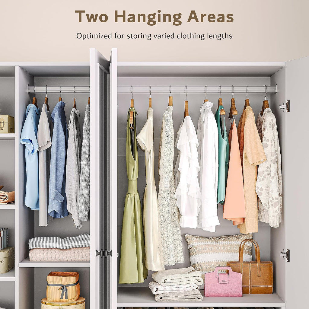4 Doors Armoire Wardrobe Closet with 2 Drawers, 63" Large Wardrobe Cabinet with Removable Hanging Rods and Adjustable