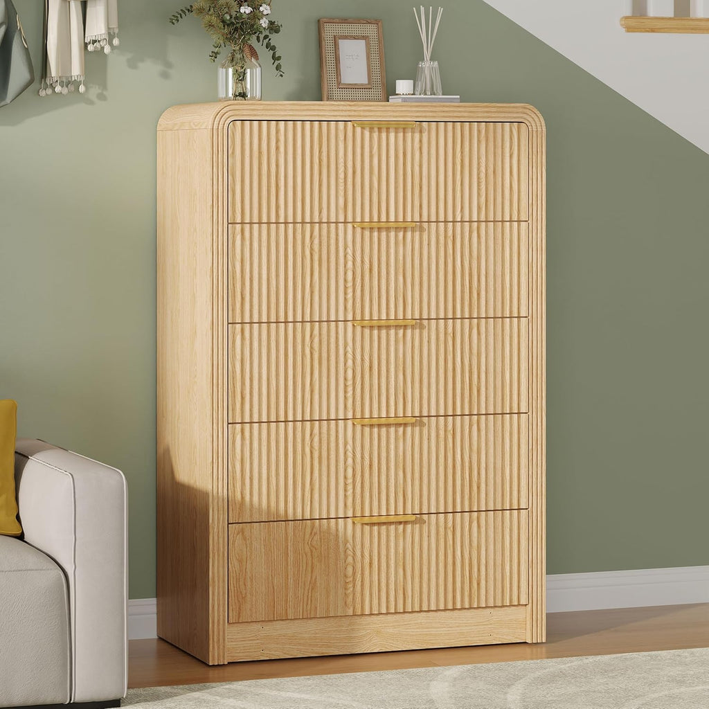 Fluted 5 Drawers Dresser, 48" Tall Modern Chest of Drawers with Round Edge & Metal Handle, Wood Drawer Organizer