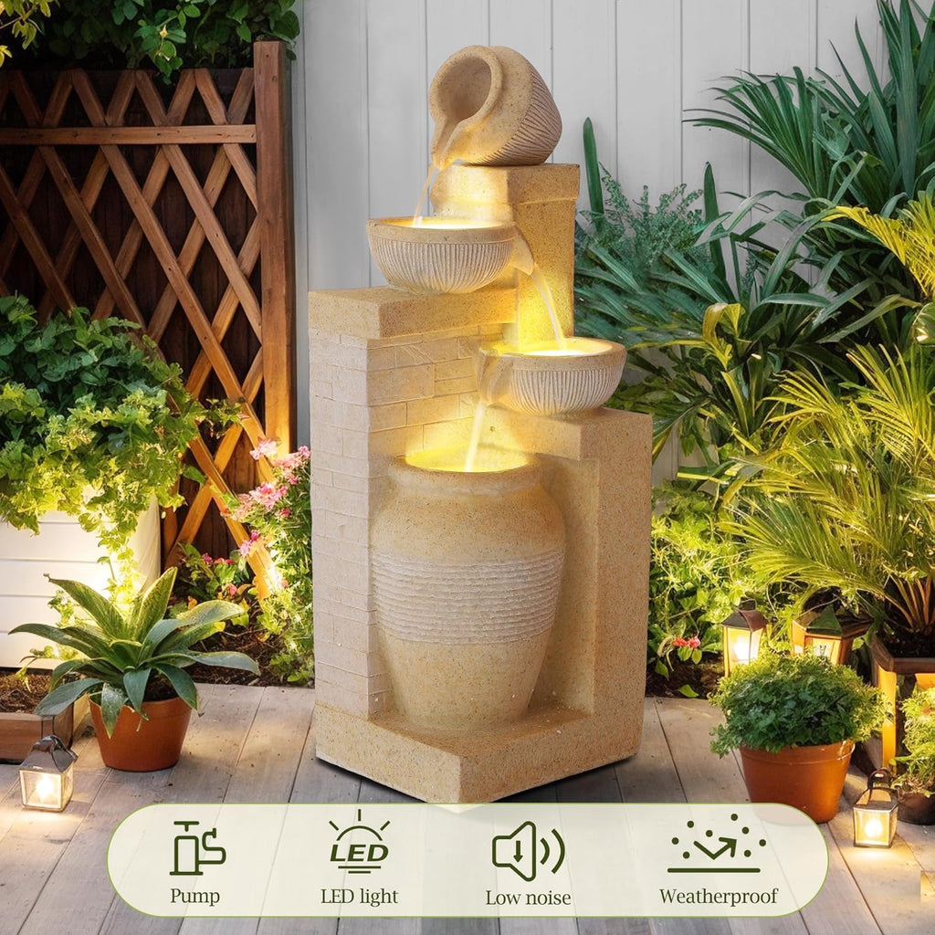 Outdoor Water Fountain, 4 Tiered Waterfall Fountains with LED Lights, Garden Bowl Waterfalls