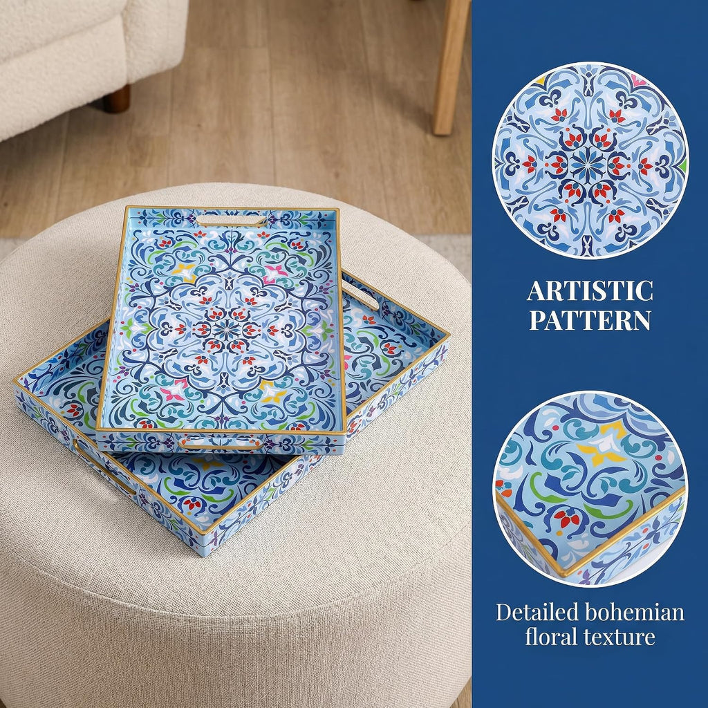 Set of 2 Boho Floral Serving Tray with Handles, 15.7" x 11.8" Decorative Plastic Ottoman Tray, Modern Large Coffee