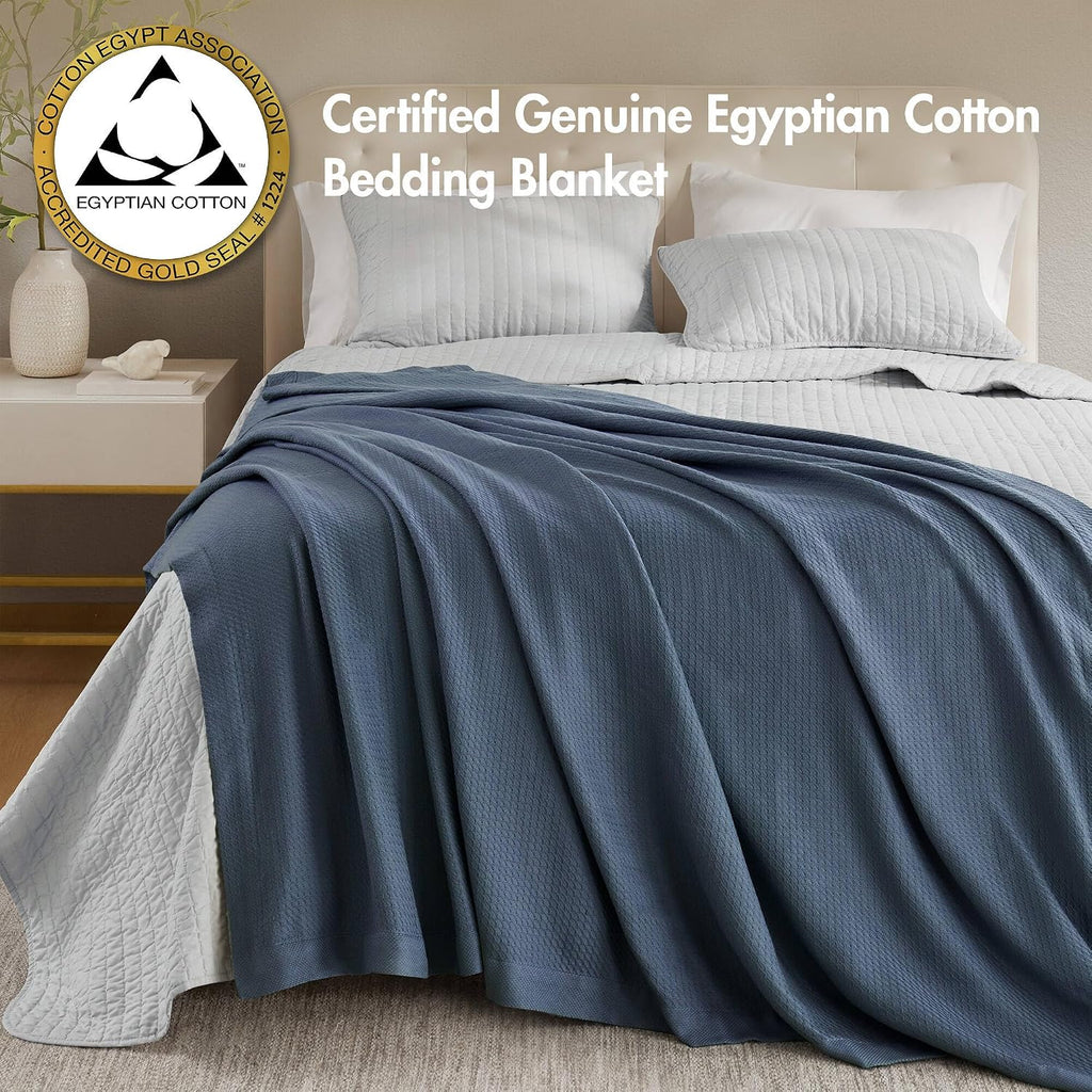 100% Egyptian Cotton Lightweight Summer Blanket, Breathable Waffle Knit Design, Soft Cozy All-Season Throw, Navy Blue