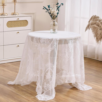 White Floral Embroidered Lace Square Tablecloth 55”x55” Vintage Table Cover (White, 55”x55”, Square)