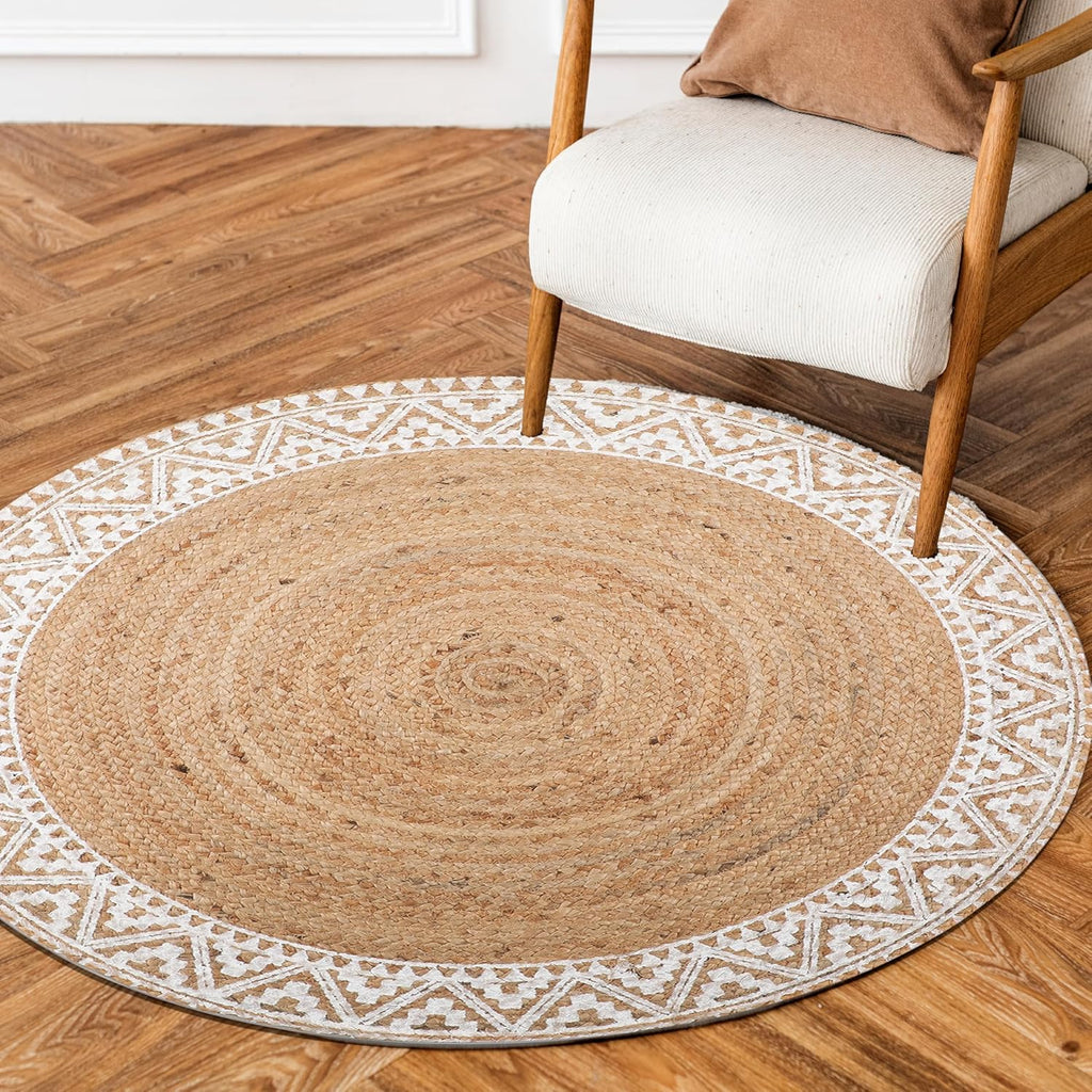 Premium Natural Jute Braided Area Rug, 6-feet Round, White Printed Border, Stain Resistance, Natural