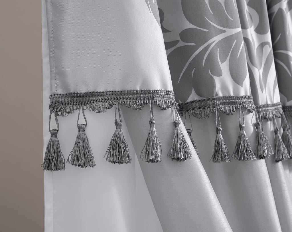 Royale 4-Piece Jacquard Floral Window Curtain/Drape Set with Sheer Backing Valance Tassels, Silver/Gray