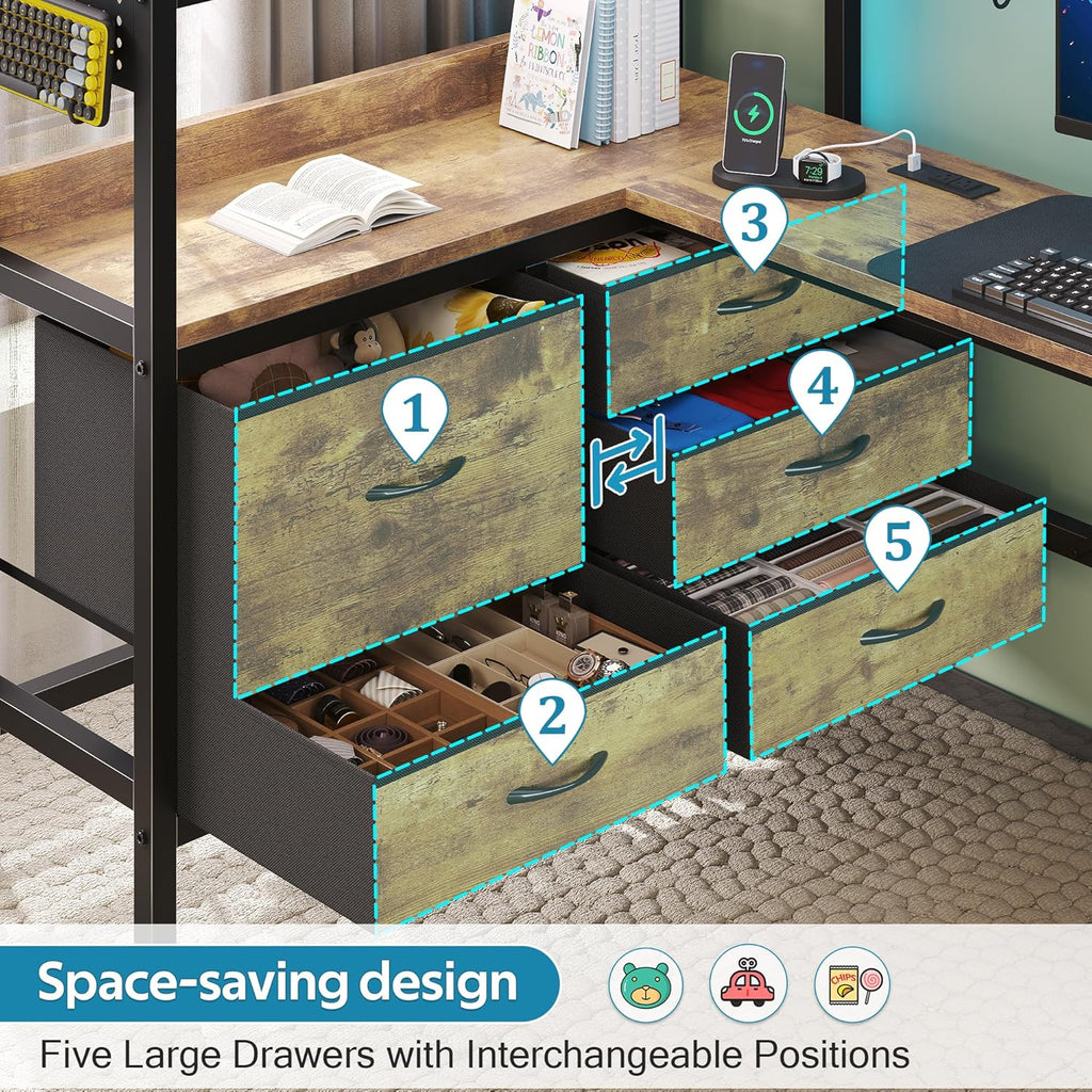 Loft Bed with Desk,Twin Loft bed with 5 Storage Drawers & 2 open Shelves & LED Light and Charging Station,Loft Bed