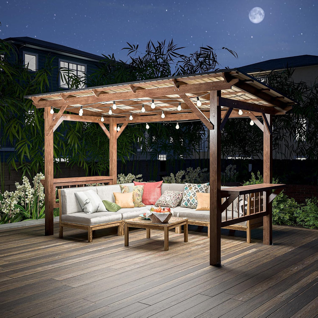 13' x 6.5' Wooden Grill Gazebo Metal Roof, Bulbs, Bar Counters, Patio Hardtop Grill Pergola, BBQ Canopy Patio, Lawn