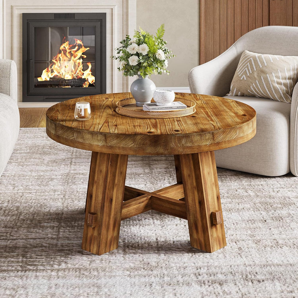 31.5-Inch Round Coffee Table, Solid Wood Center Table with Thickened Tabletop, Small Space (Rustic Brown)