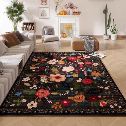 5x7 Washable Floral Vintage Area Rug, Low Pile Non-Slip Carpet for Living Room Bedroom Black