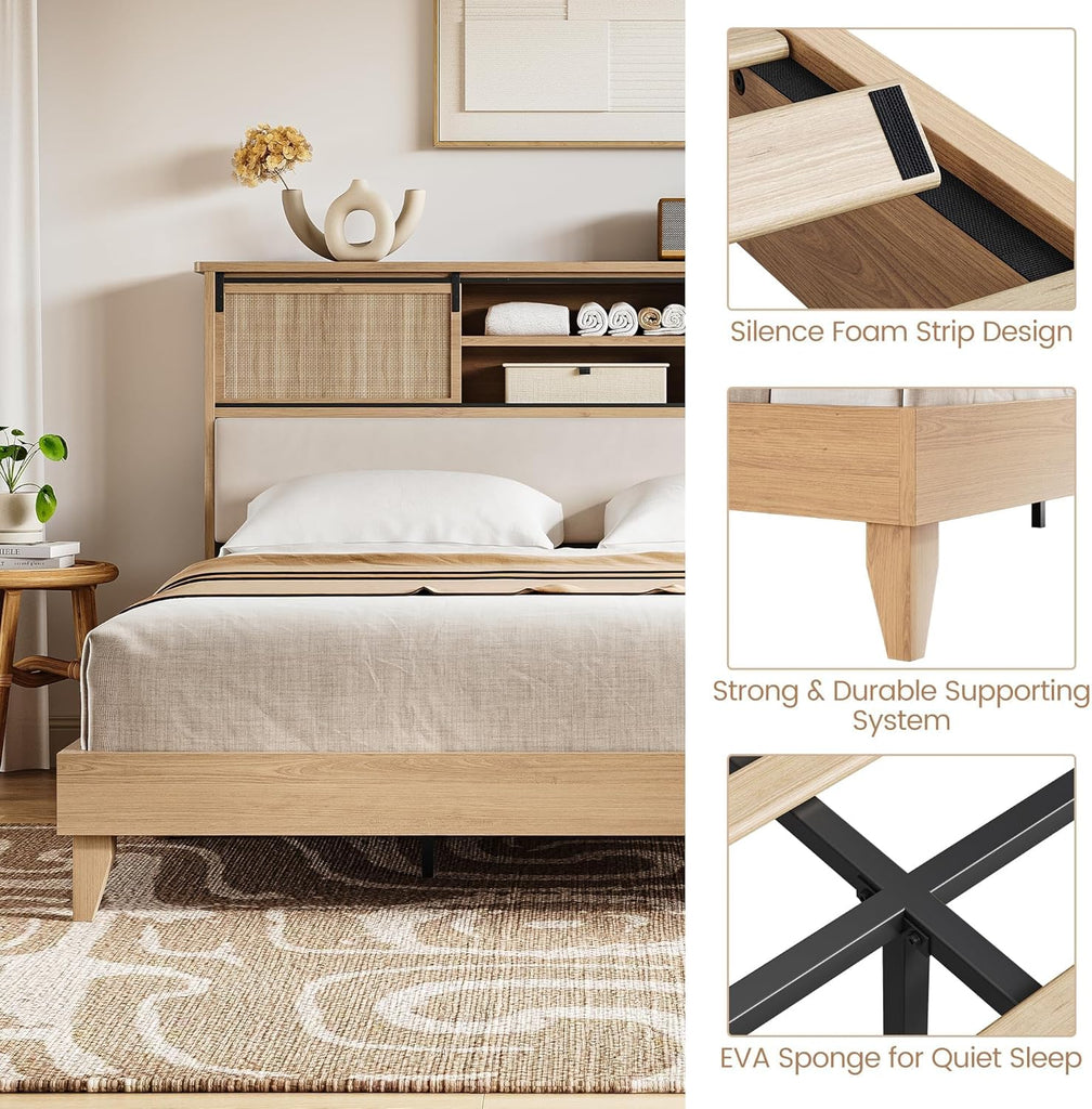 Queen Solid Wood Bed Frame with Storage Headboard, Rattan Upholstered Bookcase Headboard with Sliding Doors &