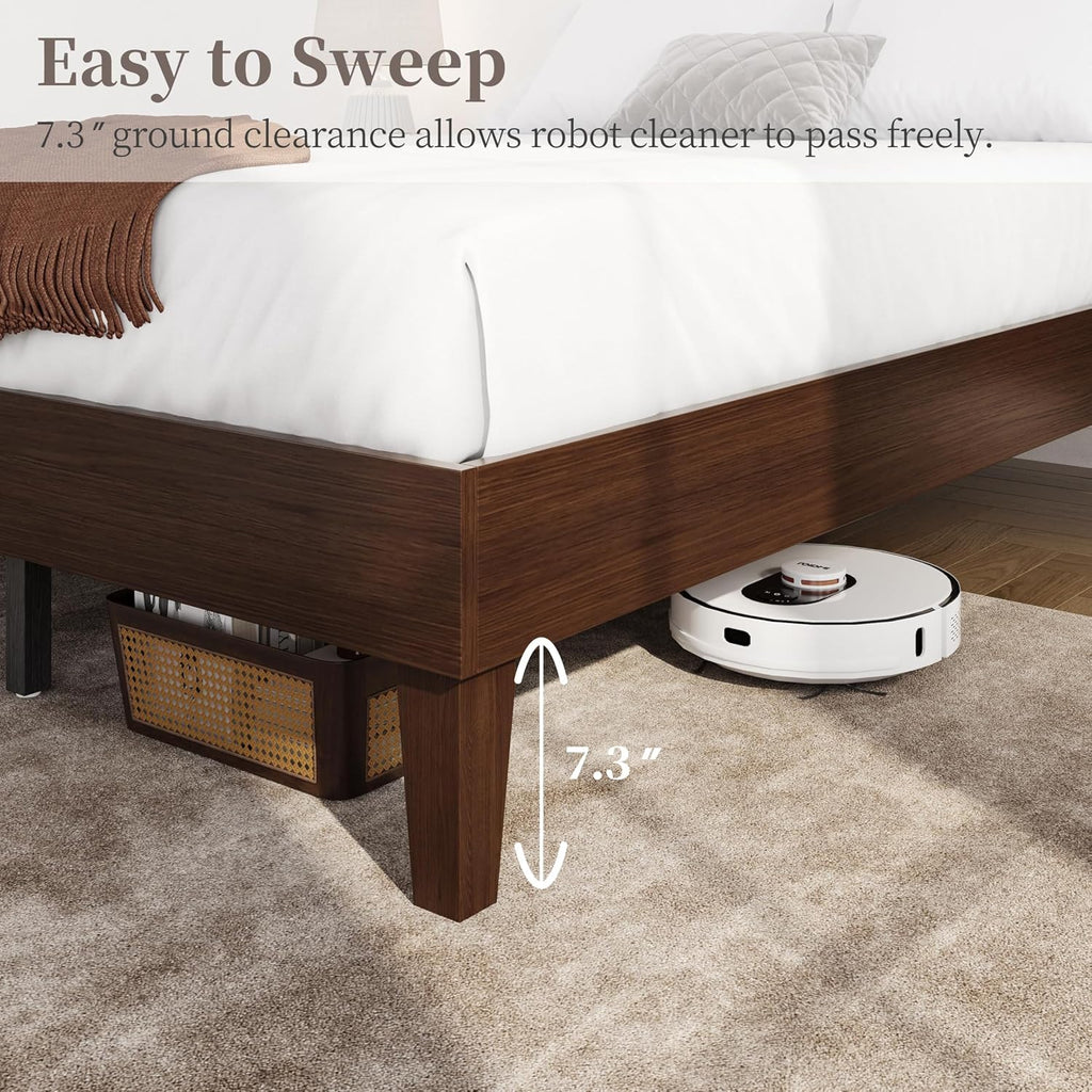 Queen Bed Frame Natural Solid Wood Platform Bed with Wooden Slats Support, 7.3-inch Underbed Space for Storage
