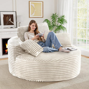 55''L 3.5CM Corduroy Single Foam Sofa, Oversized Round Chair with Pillows, Modern Sleeper s, Lounges, Nurseries and