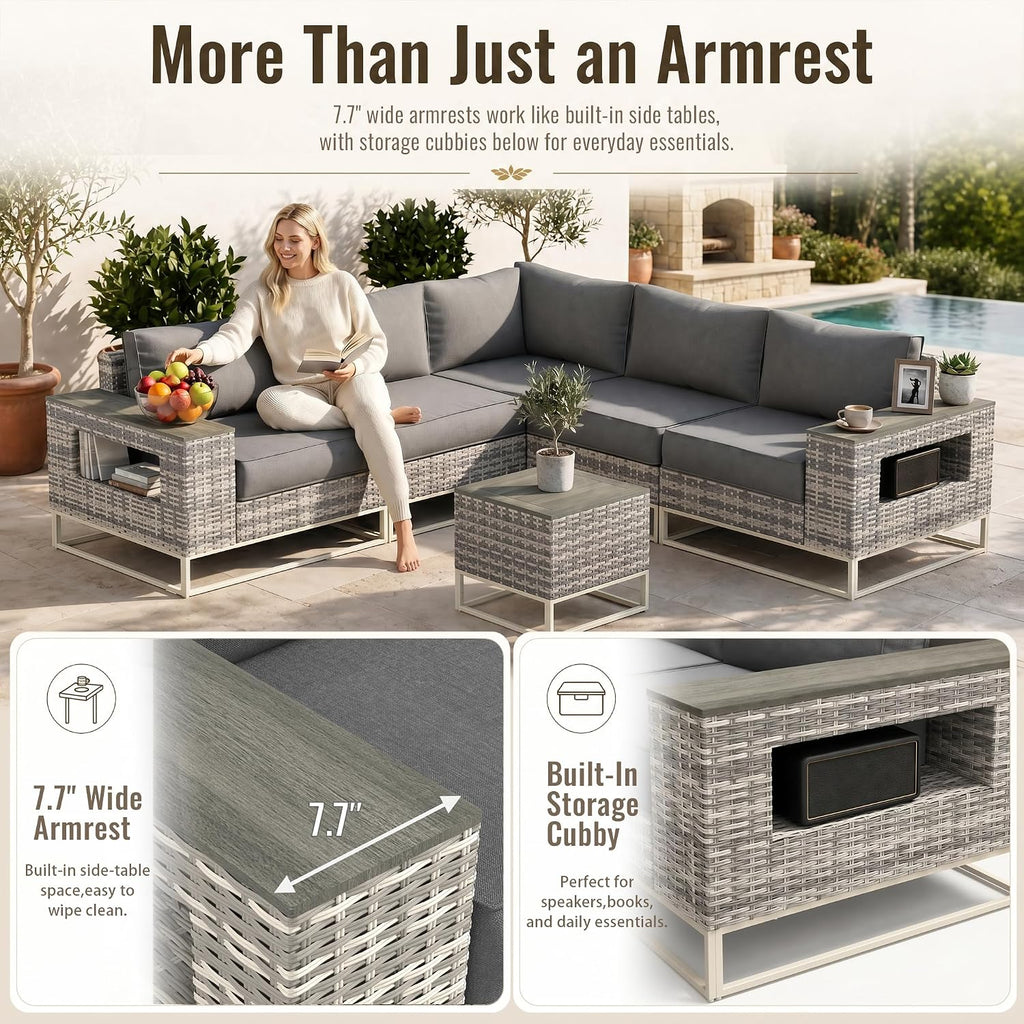 6-Piece Outdoor Patio Furniture Set, Modern PE Wicker Outdoor Sectional Sofa with Storage Armrests & 5.5" Thick